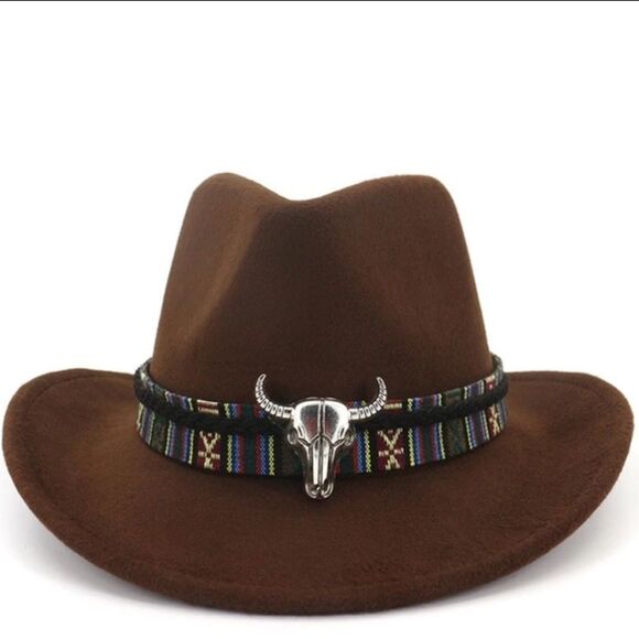 Brown Wide Brim Tall Pinched Crown Stiff Brim Western Skull Band Fedora Hat NEW